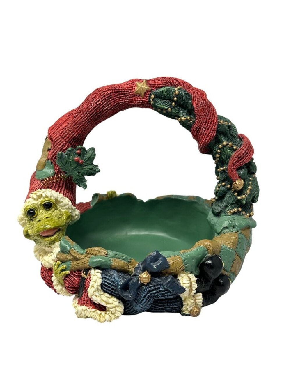 Mistletoad Santa Basket Christmas Candy Dish Resin Holiday Decor Kitsch